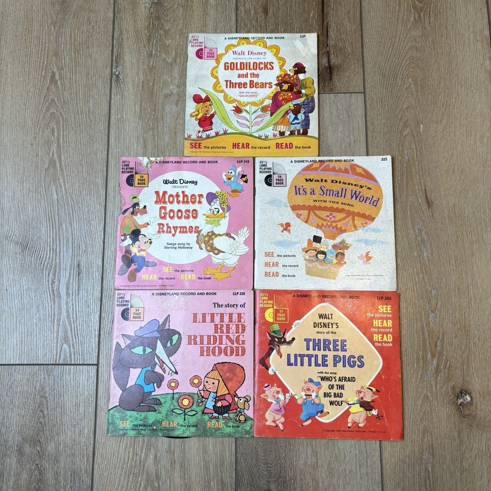 Vintage Lot Of 5 Vintage Walt Disney Read Along Books with Vinyl 33/13 Records!